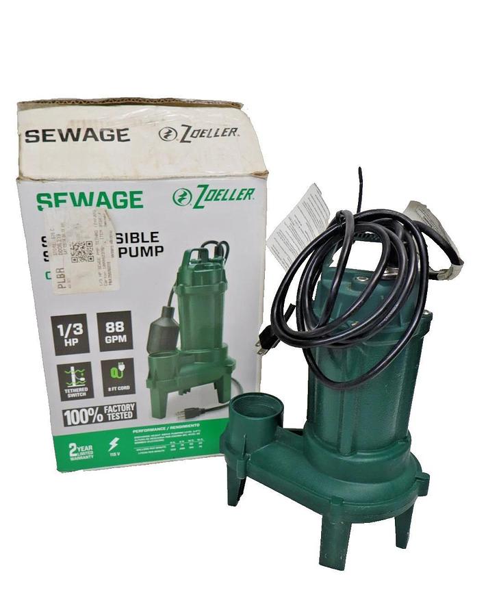 Used Zoeller Submersable Sewage Pump 1261-0001 1261 Rev A 1/3hp 115v 1P 8.4A 2" NPT