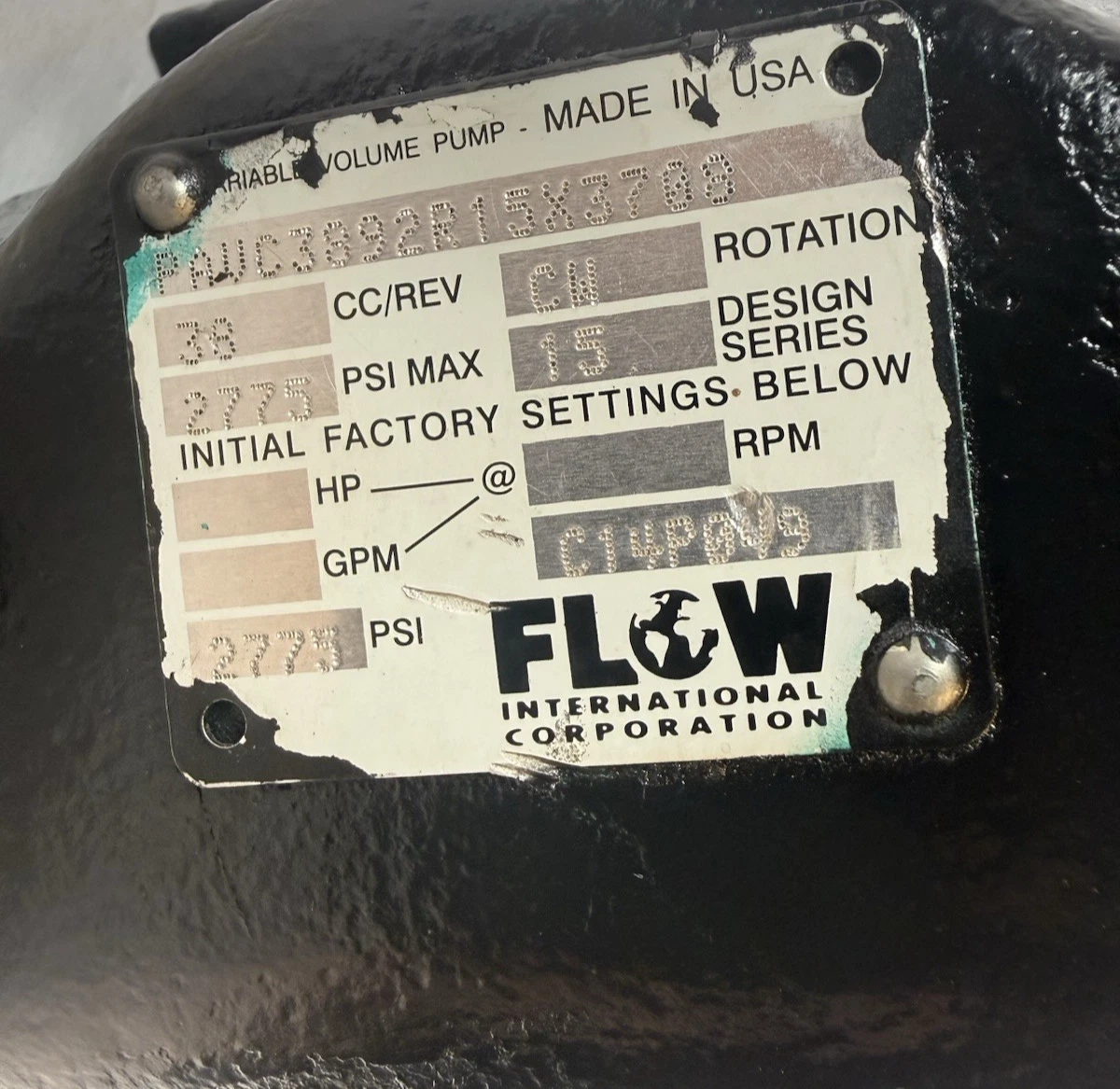 Used Flow Variable Volume Pump PAVC3892R15X3708 38cc 2775psi max Series 15 CW Rot