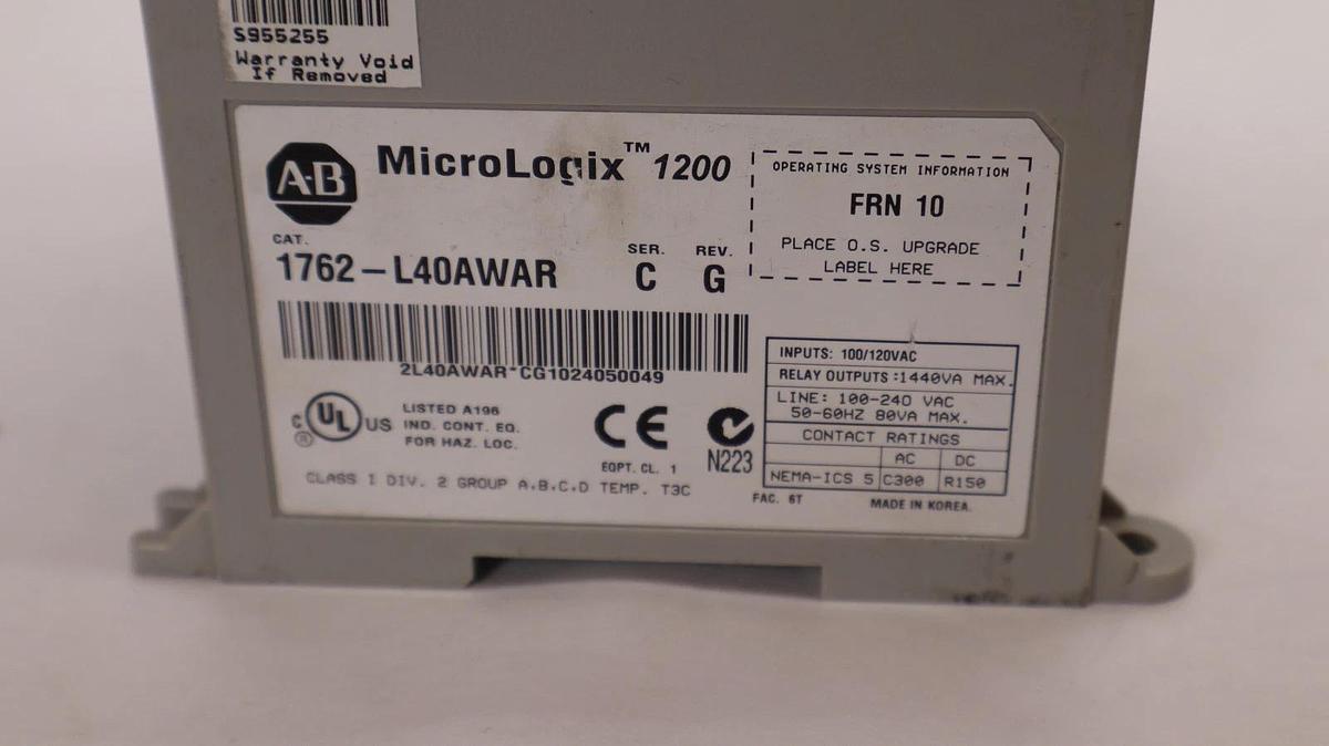 Used Allen Bradley Micrologix 1200 Programmable Controller 1762-L40AWAR Ser. C Rev. G