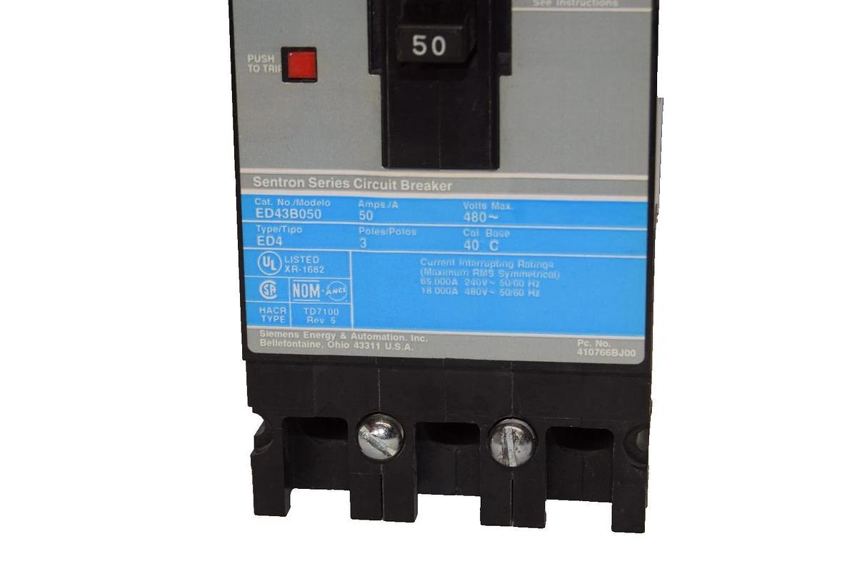 Used Siemens ED43B050 50A Amp 480V 3P Type ED4 Sentron Series Circuit Breaker