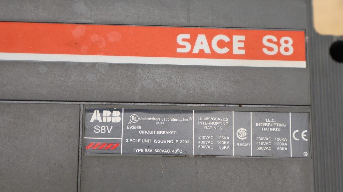 Used ABB Sace S8 S8V 1600A Circuit Breaker AG04002470 PR212/P P-3203  3p 240/480/600v