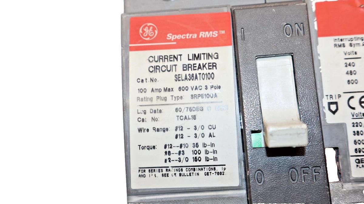Used GE 100A 100 Amp Spectra Circuit Breaker 600V 3-Pole SELA36AT0100 W/O Plug