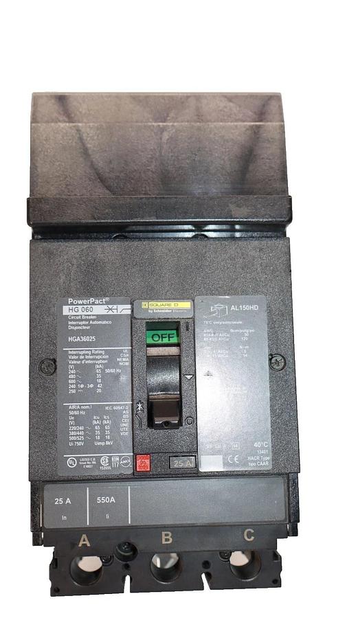 Used Square D / PowerPact HG 060 , HGA36025 25A Amp 3 Pole Circuit Breaker