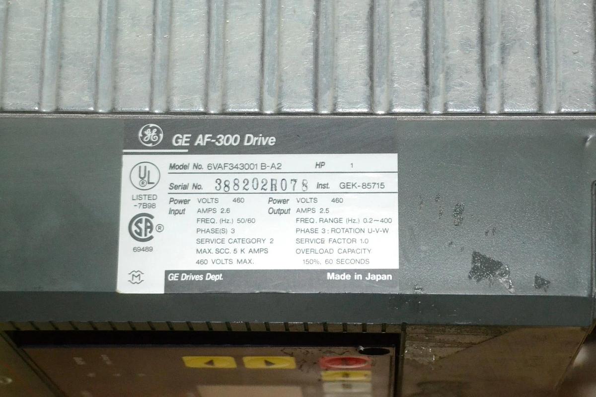 Used GE AF 300B DRIVE 6VAF343001 B A2 1HP OUTPUT 460V 2.5AMPS 3 PH  6VAF343001B A2