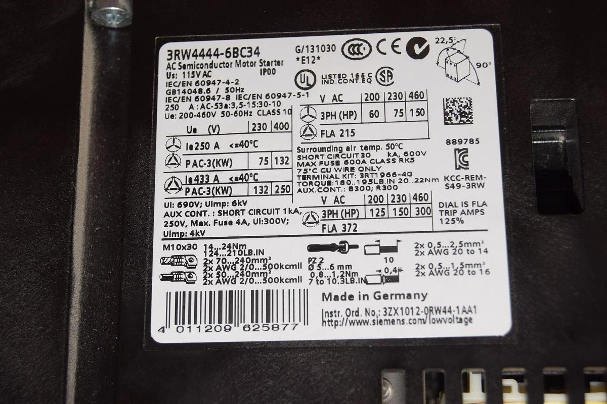 Used Siemens AC Semiconductor Motor Starter 3RW4444-6BC34 SIRIUS 115vac