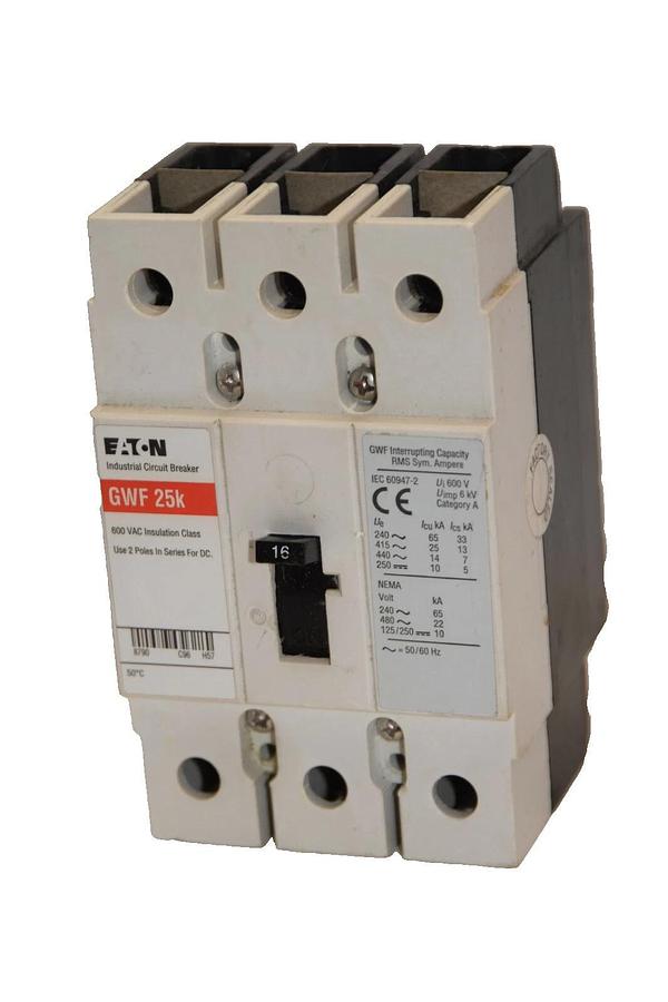 Used EATON GWF 25K GWF25K 16A 16 Amp 16 A 600Vac 3 Pole Circuit Breaker