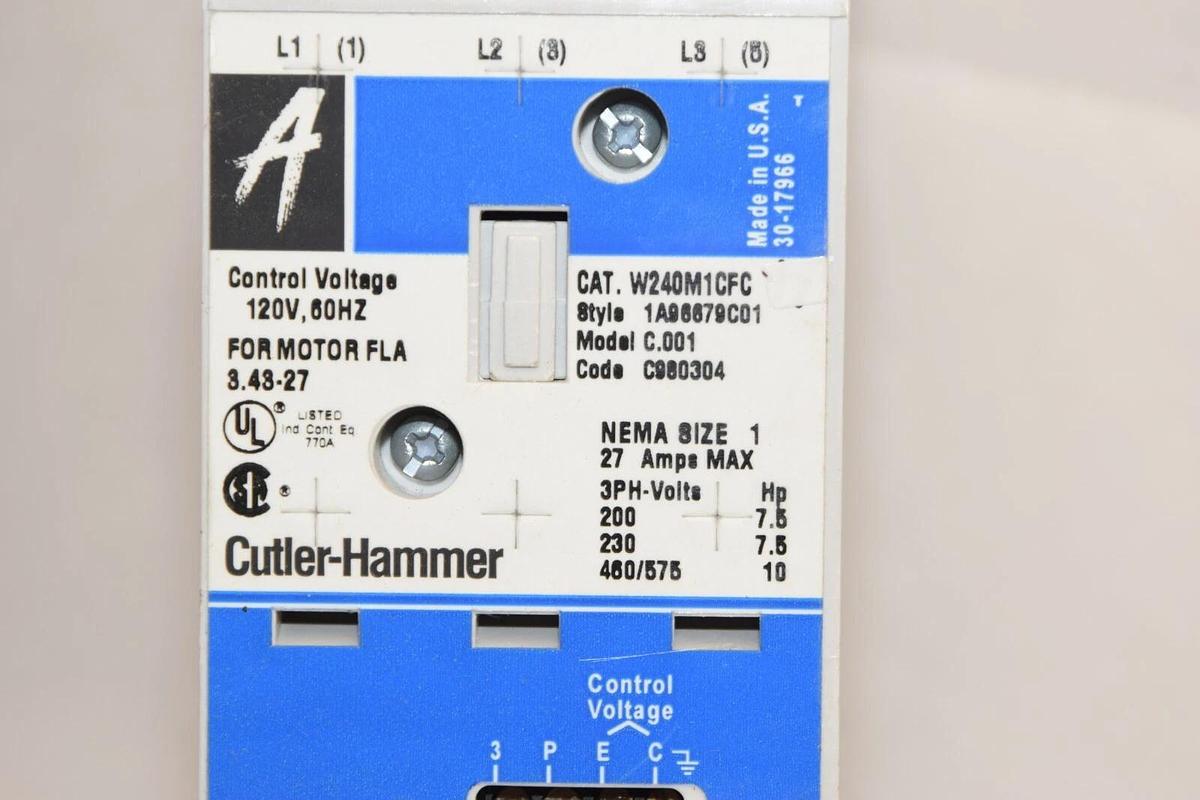 (NEW) CUTLER HAMMER W240M1CFC 3P 27A 3Phs Coil Contactor / OL Combo WB13FJ