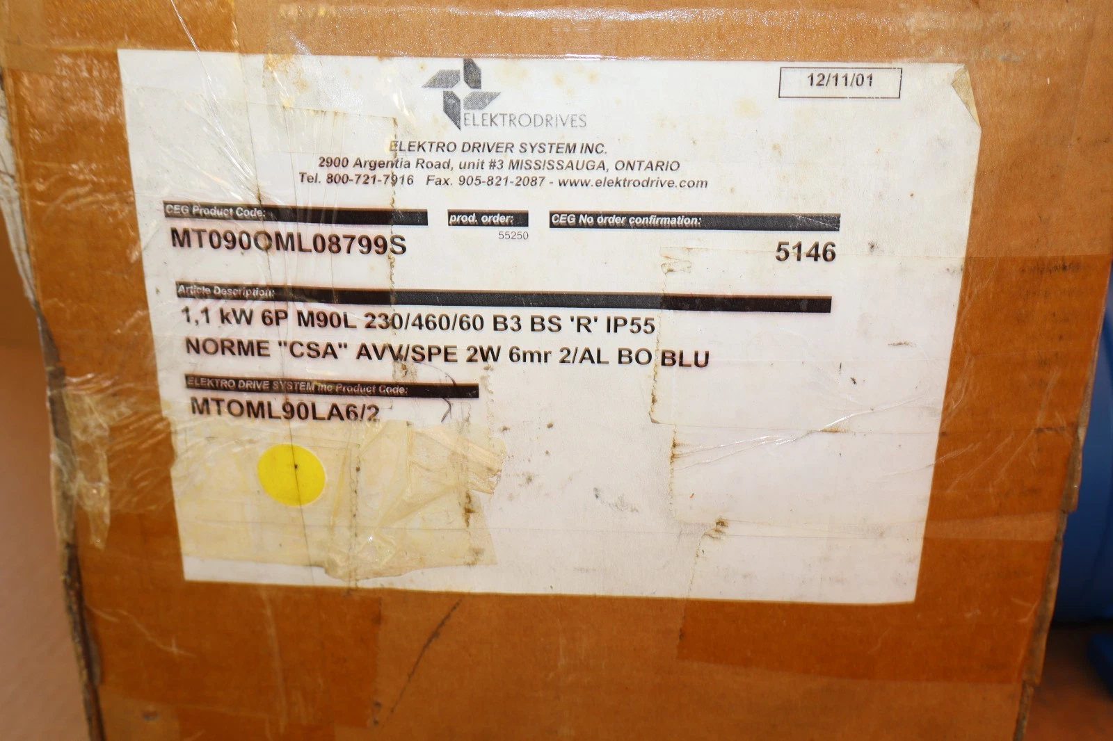 Elektro Drive Motor MT0ML90LA6/2 MT090OML08799S 6P 1.1kW 1.5hp 230/460v (New)