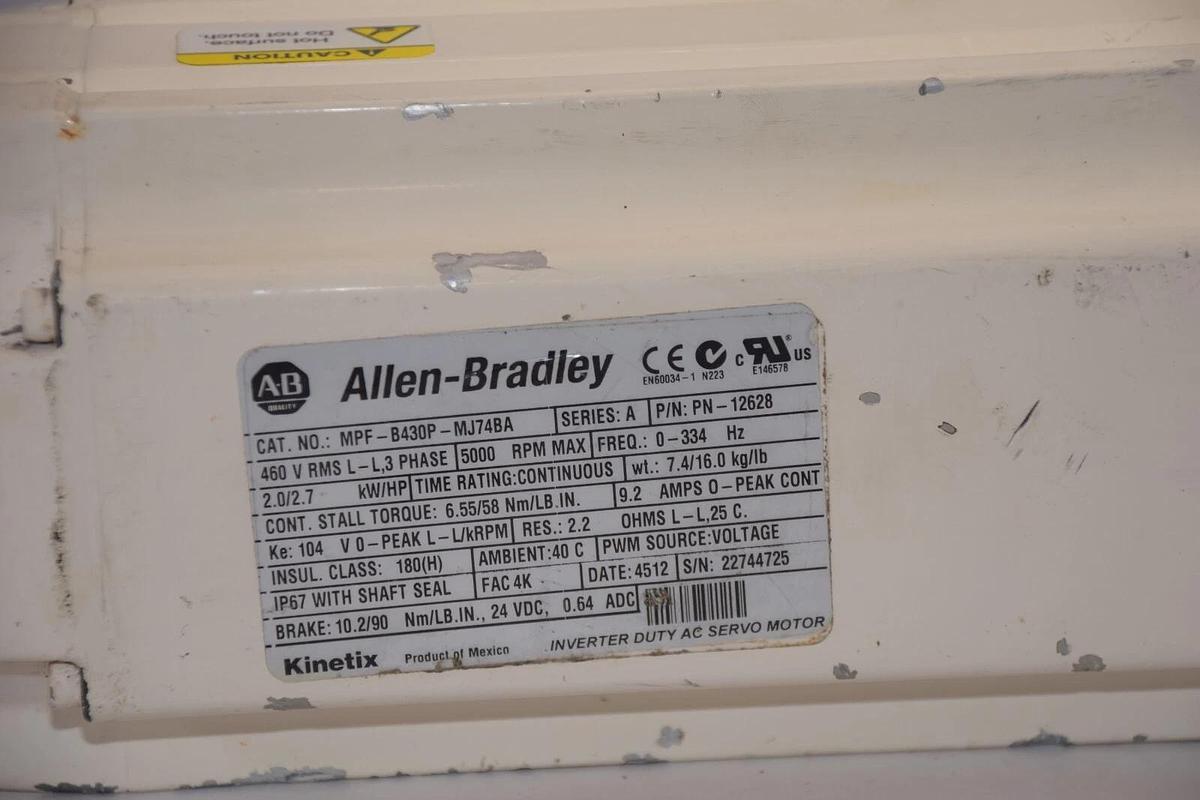 Used ALLEN BRADLEY MPF-B430P-MJ74BA Series A 5000rpm 3 Ph 0-334Hz 2.7Hp Servo Motor