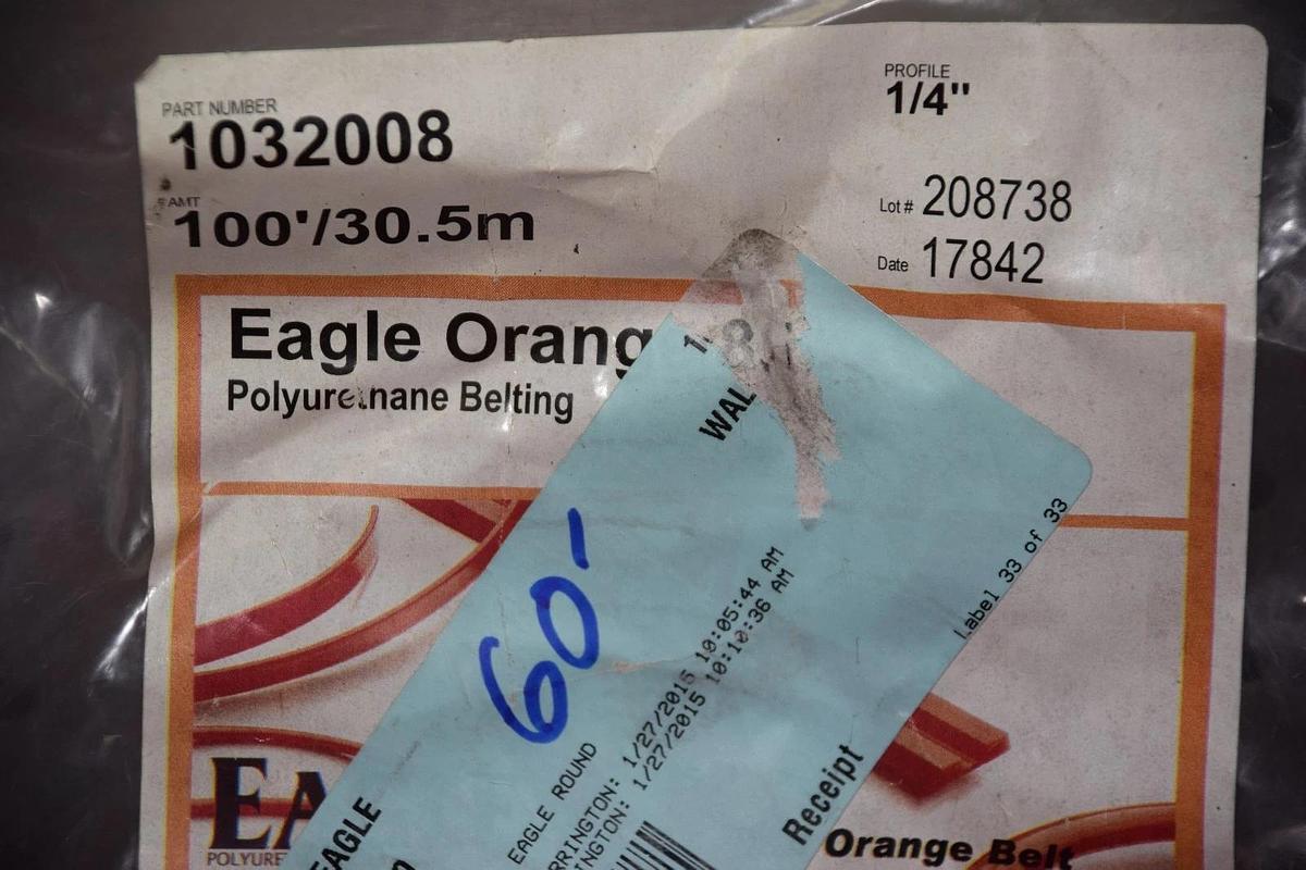 (APPROX. 60') EAGLE ORANGE 85 1032008 100'/30.5m 1/4" POLYURETHANE BELTING NEW