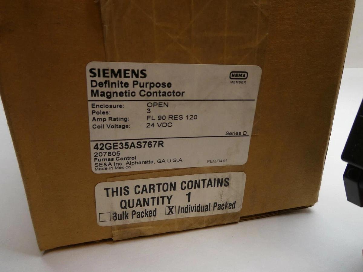 Used Siemens Definite Purpose Contactor 42GE35AS767R 3 pole 24VDC COIL 90A (NEW)