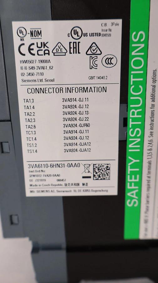 Siemens 3VA6 Circuit Breaker 3VA6110-6HN31-0AA0 100A 100 Amp ETU350LSI Trip *NEW