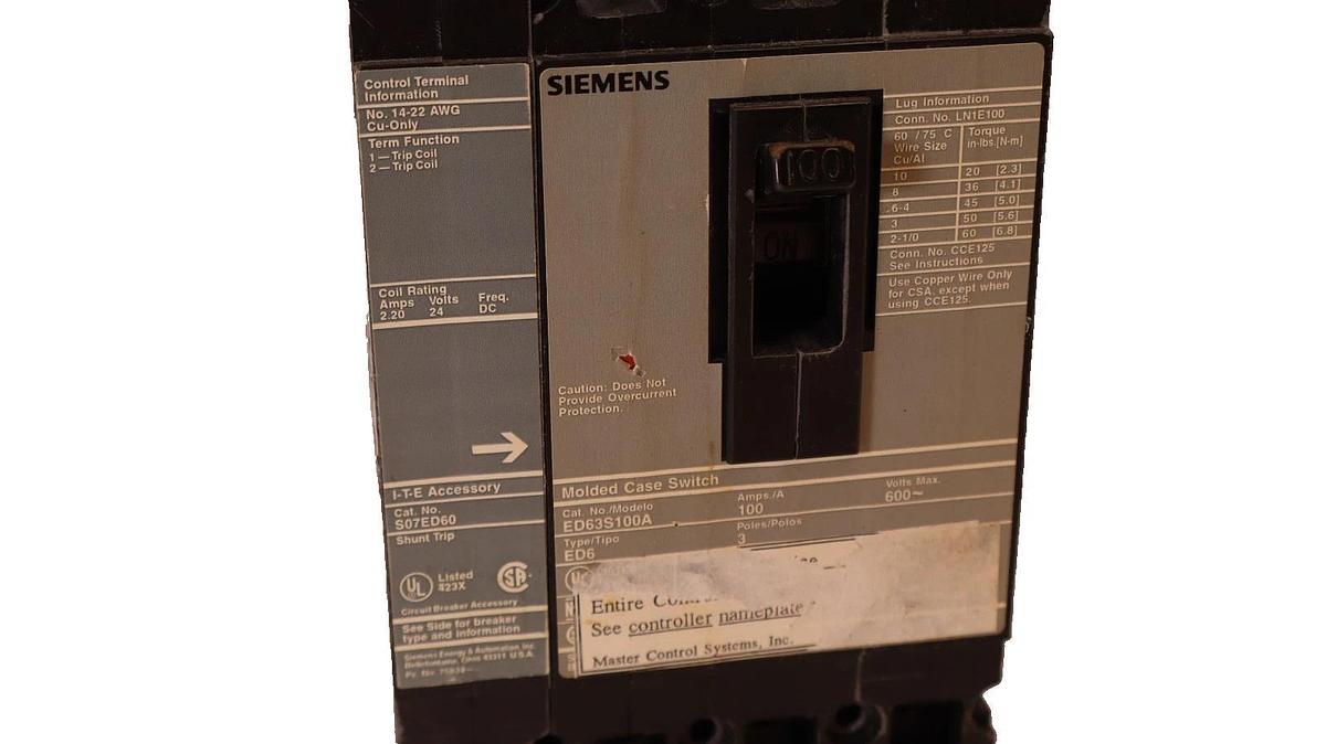 Used SIEMENS ED63S100A 100A 3P Molded Case Circuit Breaker W/ S07ED60 Shunt Trip