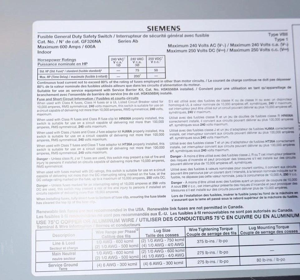 Siemens GF326NA General Switch Fusible Disconnect 600A 600 Amp 3p Typ 1 240v NEW