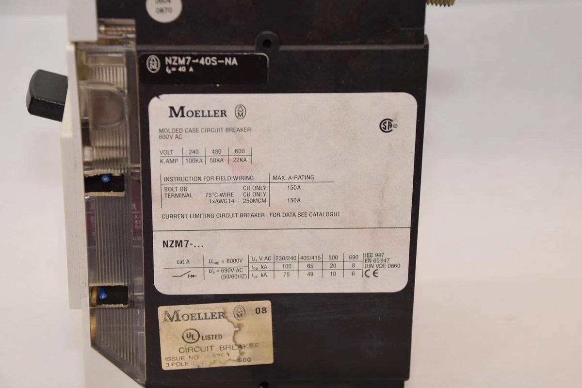 Used MOELLER NZM7-40S-NA NZM740SNA 40Amp 40 A Amp Circuit Breaker  25-40Amp Trip