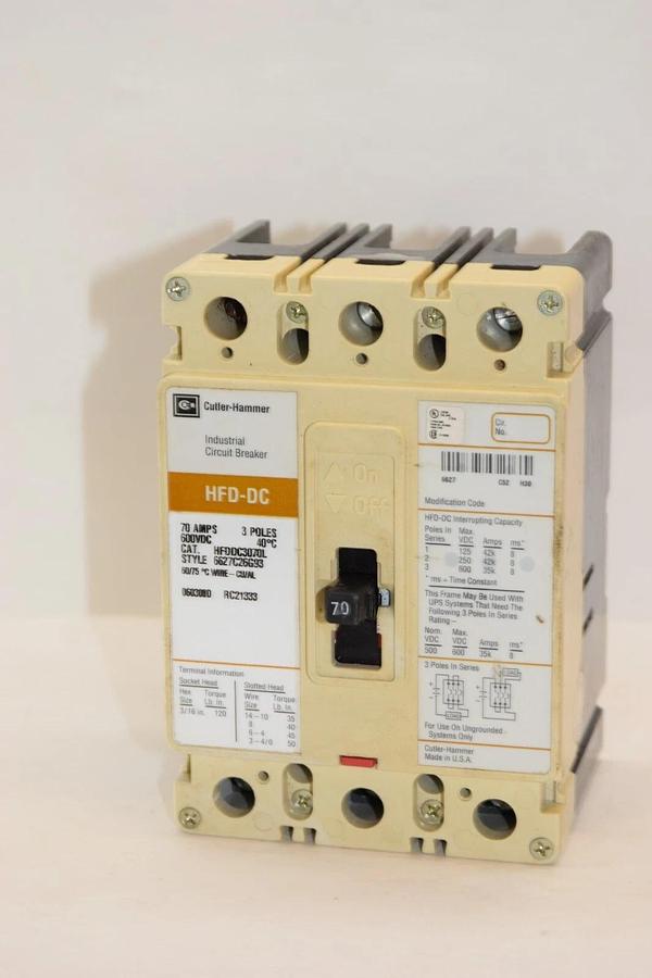 Used CUTLER HAMMER HFDDC3070L 70A 70 Amp 3P 600Vdc Industrial Circuit Breaker
