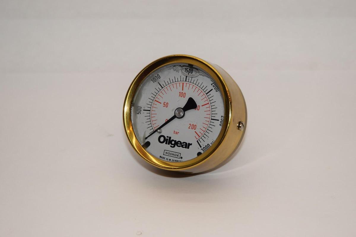 (NEW) NOSHOK / OILGEAR 0-3000psi 0-200 Bar 1/4" NPT Brass Back Mount Gauge