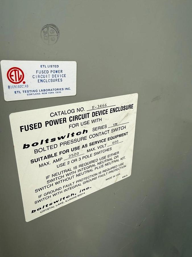 Used Boltswitch Enclosure E3466 2500a Bolted Pressure Contact Switch VM369-ST 1600a