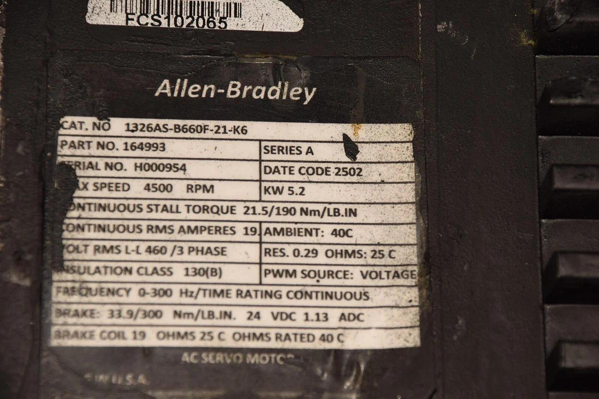 Used ALLEN BRADLEY 1326AS-B660F-21-K6 Series A  Brushless Servo Motor