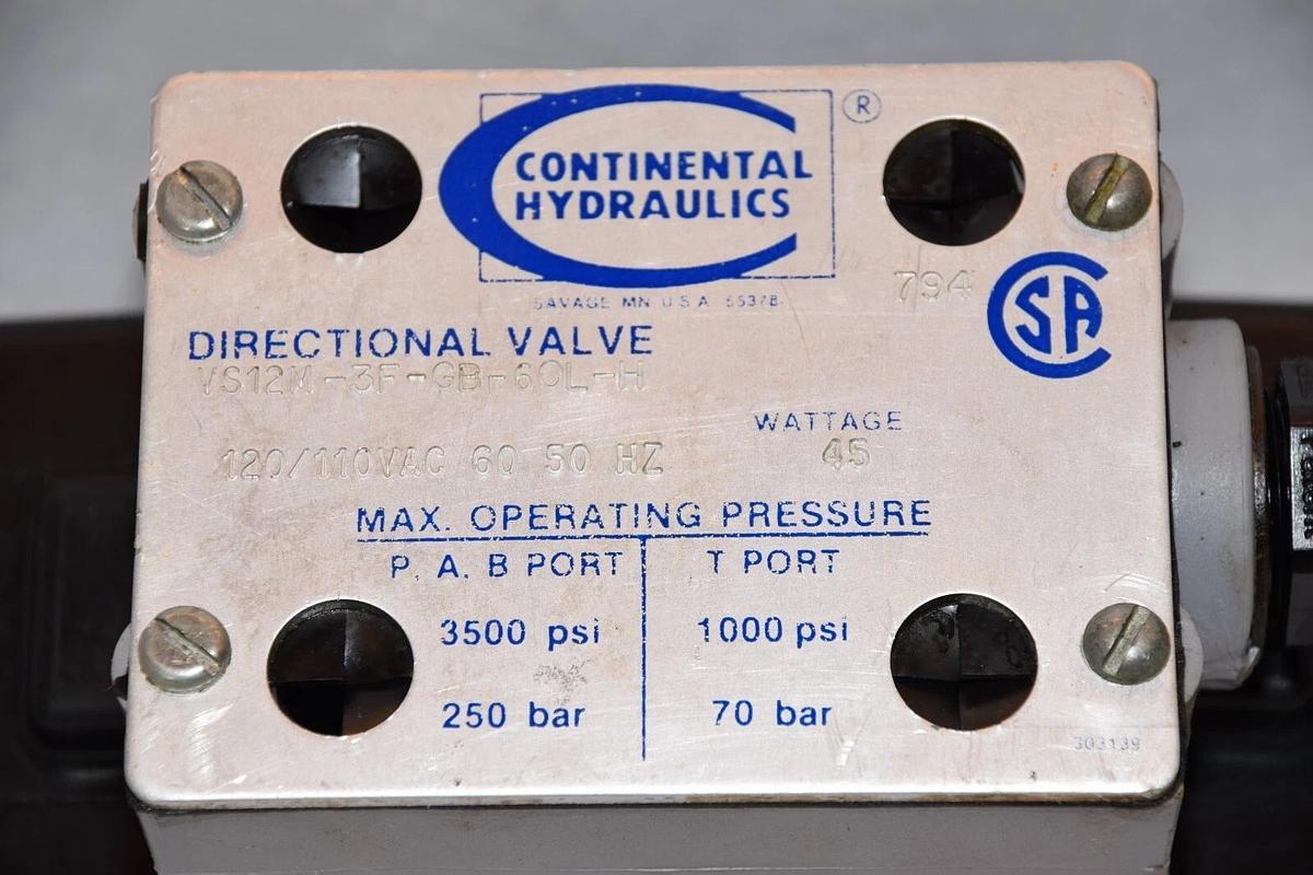 Used CONTINENTAL HYDRAULICS VS12M-3F-GB-60L-H 120/110V 50/60Hz 45W Directional Valve