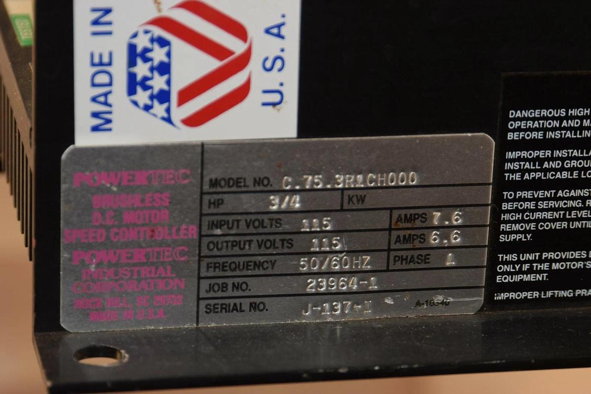 Used POWERTEC C.75.3R1CH000 C-75-3R1CH000 Brushless Speed Controller 3/4hp 1PH 115V
