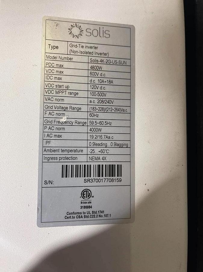 Used Solis Sunrun Grid-Tie Non-Isolated Inverter Solis-4K-2G-US-SUN 0/240v 4000w