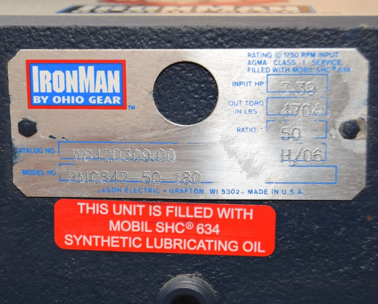 IronMan Ohio Gear Gear Box Speed Reducer W8420309.00 BMQ842-50-180 50:1 R NOS