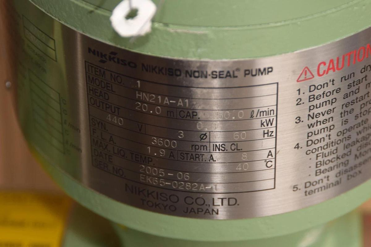 Nikkiso Non-Seal Pump HN21A-A1 HN21AA1 Head: 20m .8kw 440v 50 L/min (NEW)