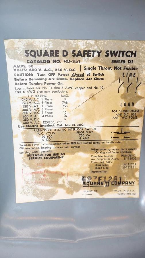 Used SQUARE D K-313304 K313304 30Amp 30 A 3ph 600Vac 250Vdc Safety Switch