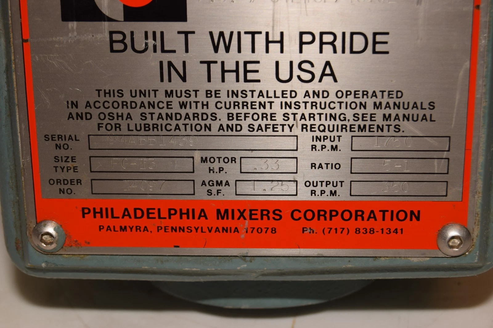 Philadelphia Portable Mixer Tank Agitator PG-13 1/3hp 350rpm 3ph Lightnin NOS