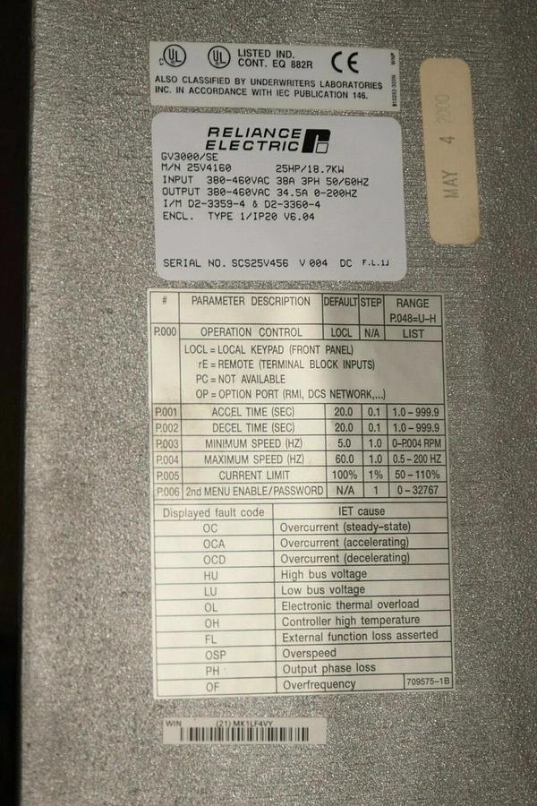 Used RELIANCE ELECTRIC GV3000/SE  25V4160 25HP AC Drive 380-460V 25 HP
