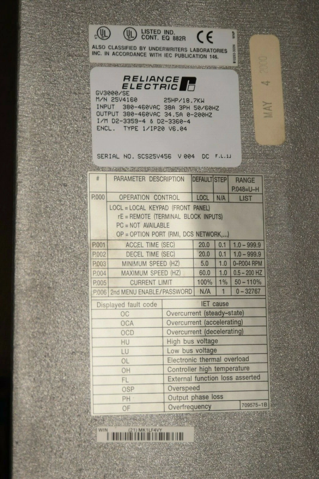 Used RELIANCE ELECTRIC GV3000/SE 25V4160 25HP AC Drive 380-460V 25 HP