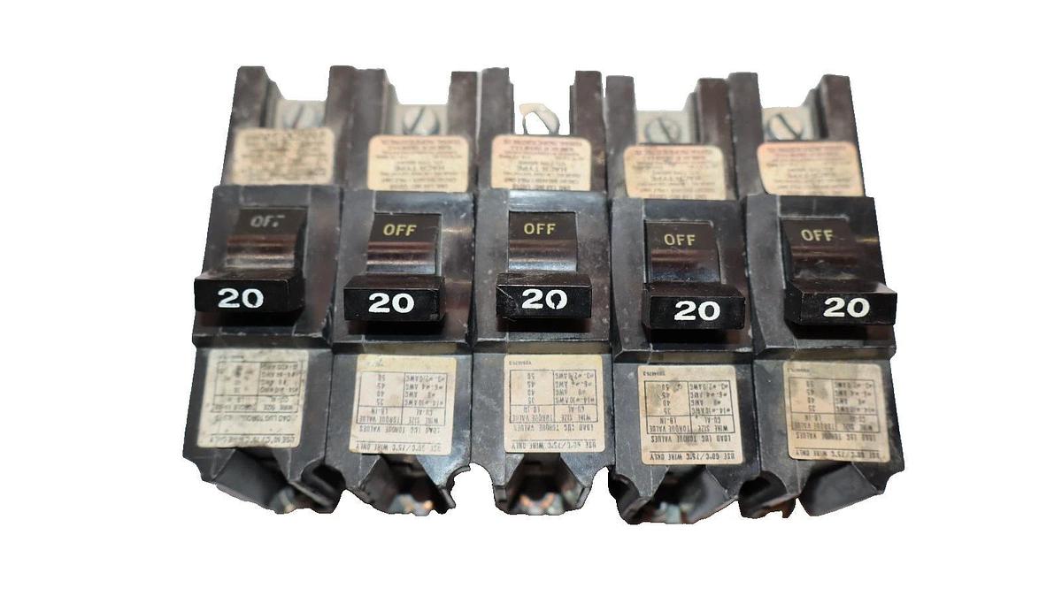 Used (Lot of 5) Federal Pacific 20 Amp 20A Single Pole Bolt on Breaker NBSWD120-U
