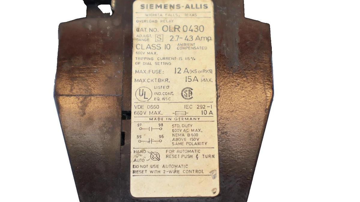 Used Siemens - Allis OLR 0430 , OLR0430 2.7-4.3A Amp Overload Relay