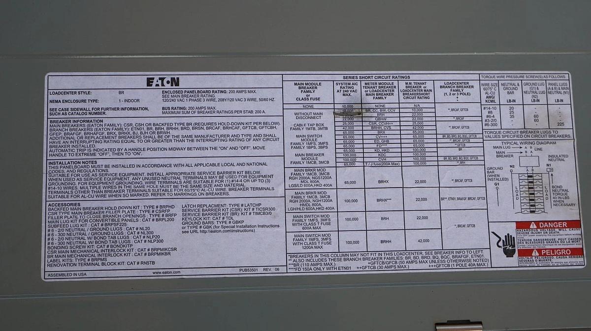 Used EATON Cutler Hammer BRP40N200G Panelboard Loadcenter 200A 120/240 1ph 3w 125A Mn