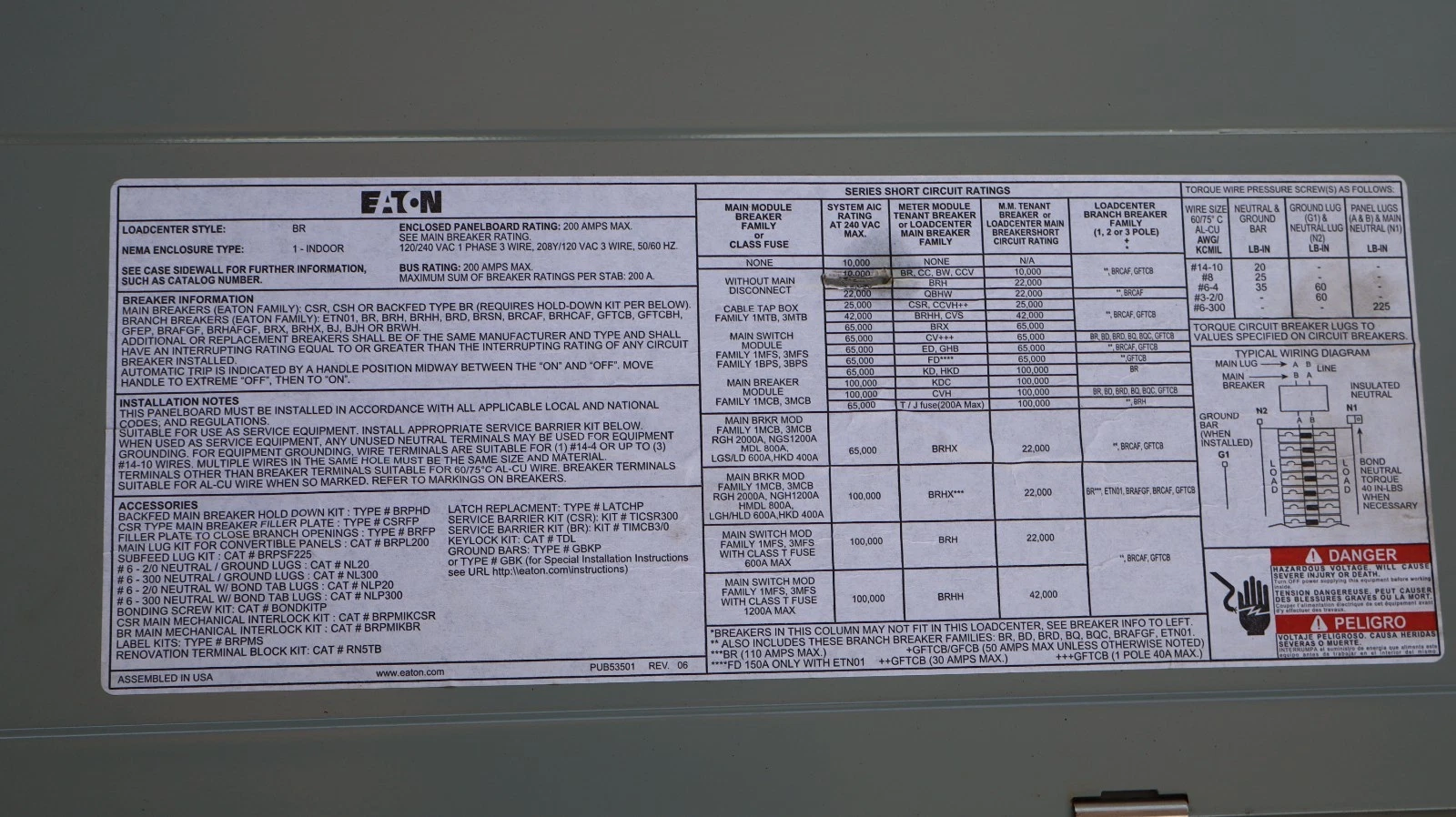 Used EATON Cutler Hammer BRP40N200G Panelboard Loadcenter 200A 120/240 1ph 3w 125A Mn