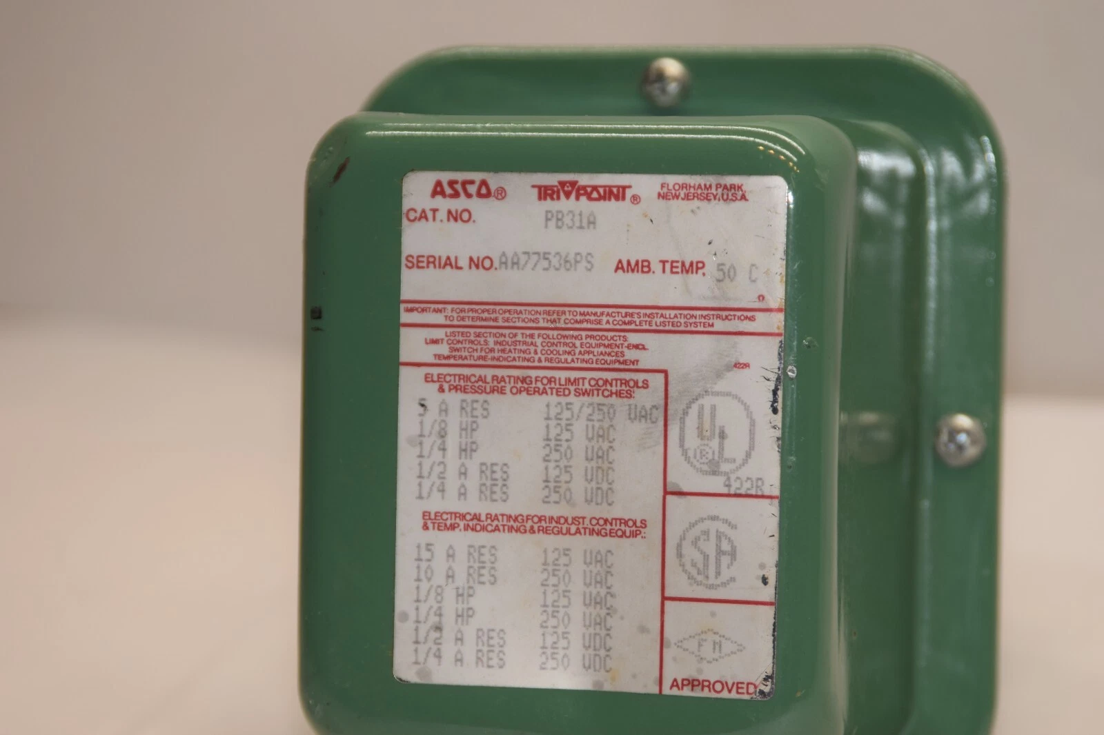 (NEW) ASCO PB31A RV34A11 3.5psig Pressure Switch Box