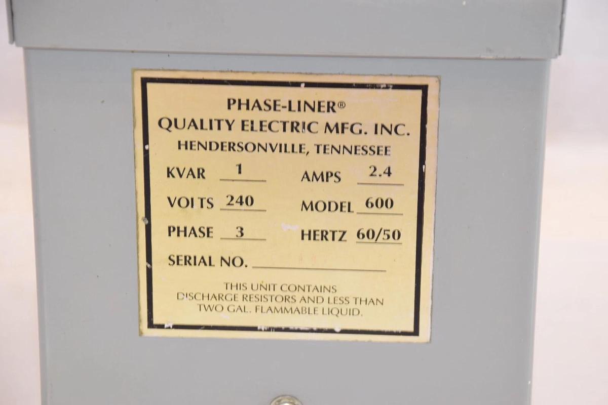 Used QUALITY ELECTRIC MFG. INC. Model 600 1KVAR 2.4A 3PH 240V 50/60Hz Phase-Liner