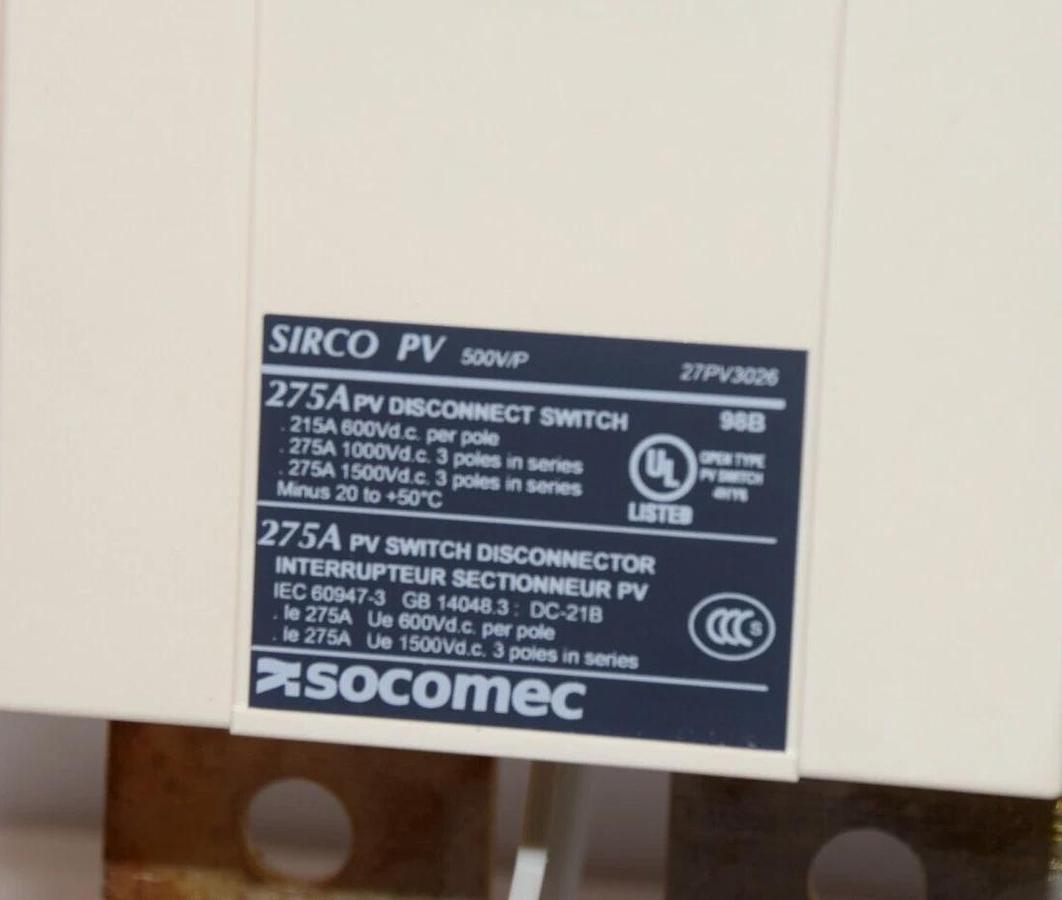 Socomec Sirco PV 500v/p 3x275A PV Disconnect Load Break Switch 27PV3026 NEW