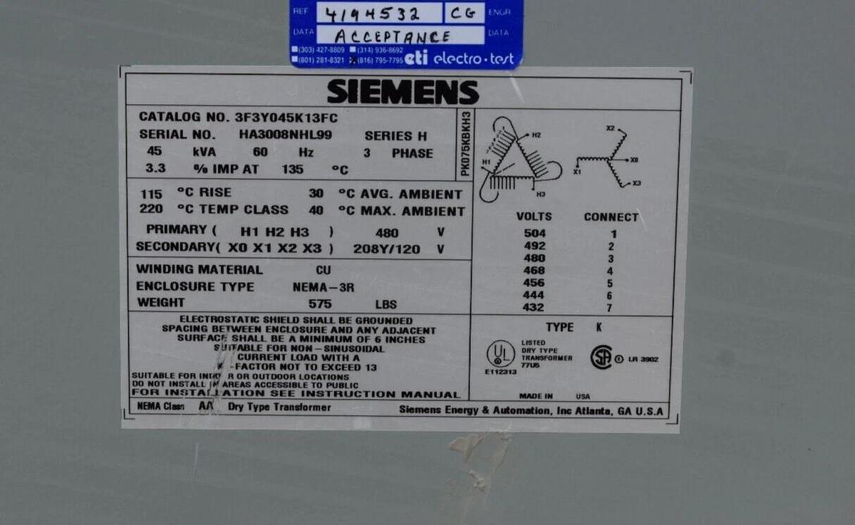 Used Siemens Dry Transformer 45kva 45 kva 3F3Y045K13FC Ser H 3ph 480v 208y/120v
