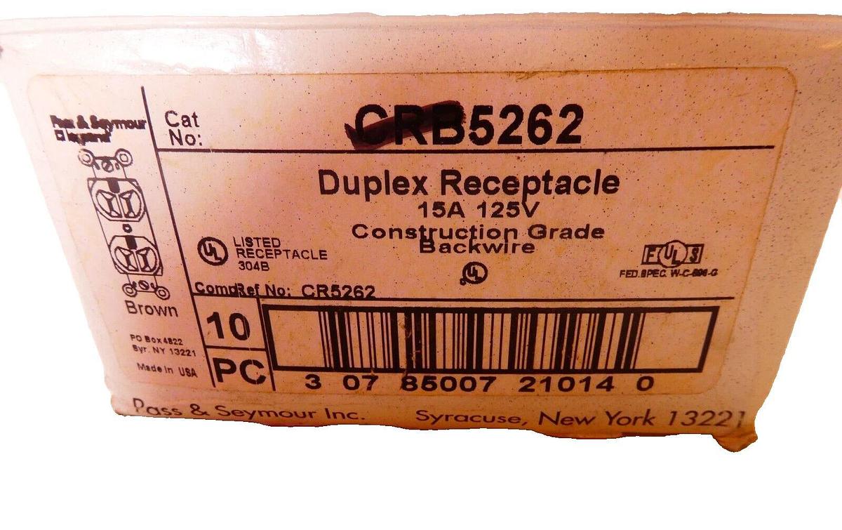 Legrand Pass & Seymour Duplex Receptacle CRB5262 125V 15A Brown (Box of 10 -NEW)