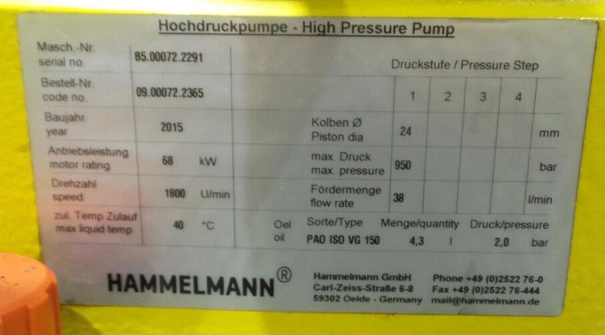 Used Hammelmann High Pressure Pump Unit 85.00072.2291 58kW Motor Hydro jet