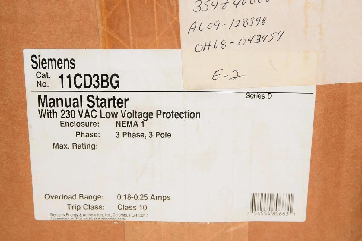 Siemens Starter 11CD3BG 3PH 3P 0.18-0.25A Manual Starter 230v (NEW)