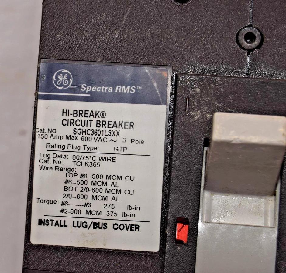 Used GE Spectra RMS Hi-Break Breaker 150A 150 Amp 600v 3p SGHC3601L3XX 125a plug