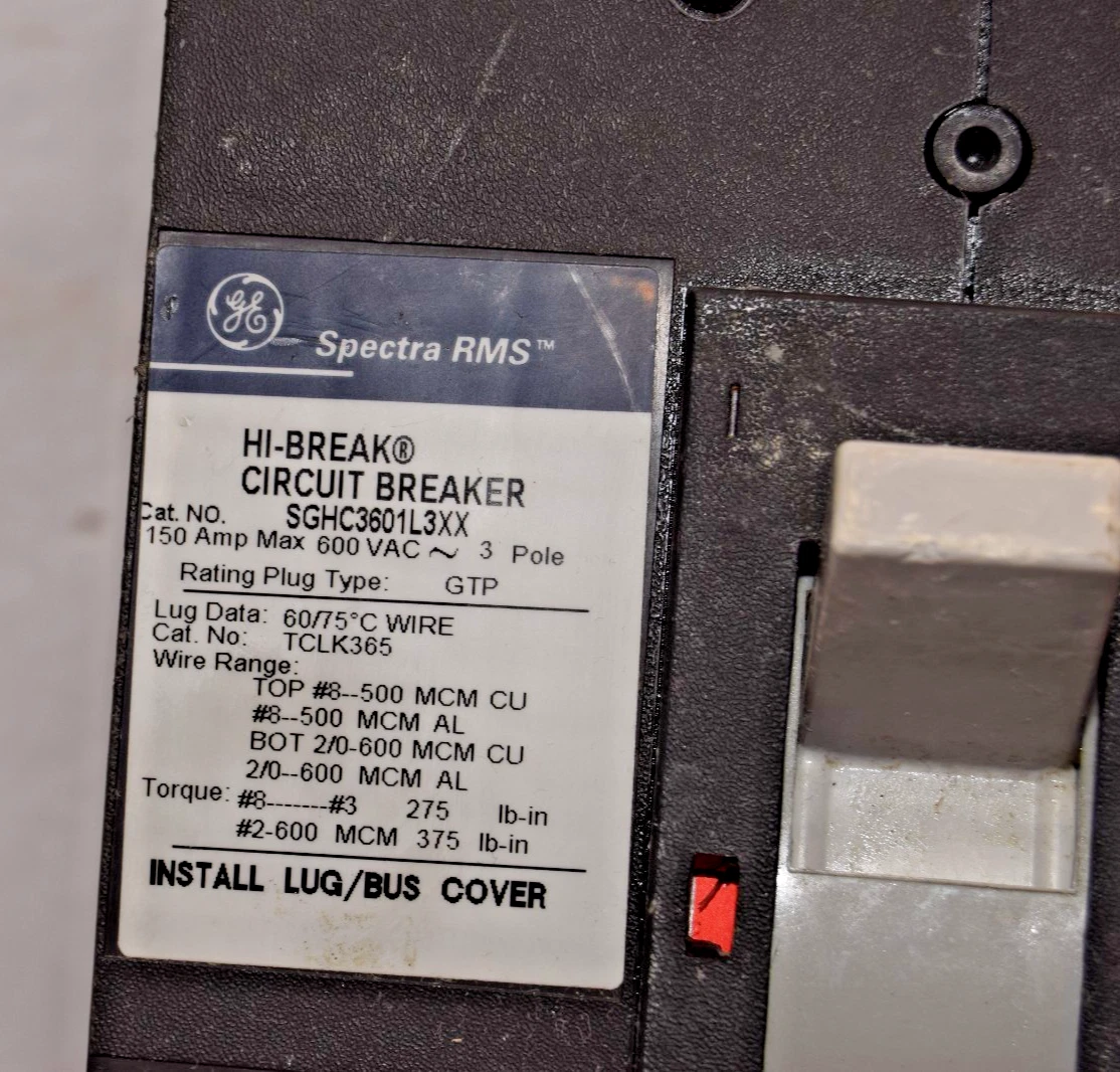 Used GE Spectra RMS Hi-Break Breaker 150A 150 Amp 600v 3p SGHC3601L3XX 125a plug