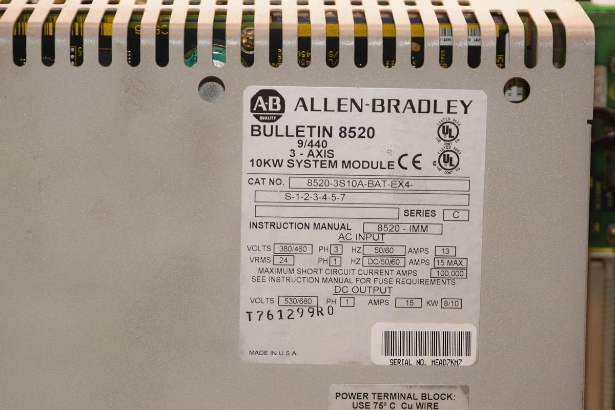 Used ALLEN BRADLEY 8520-3S10A-BAT-EX4-S-1-2-3-4-5-7 Ser C 380/460V 13A Servo Amplifer