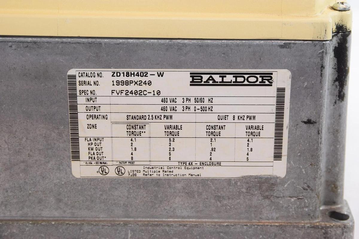 Used BALDOR ZD18H402-W 460Vac 3Ph 50/60Hz Washdown Duty Vector Drive *Cracked Case*