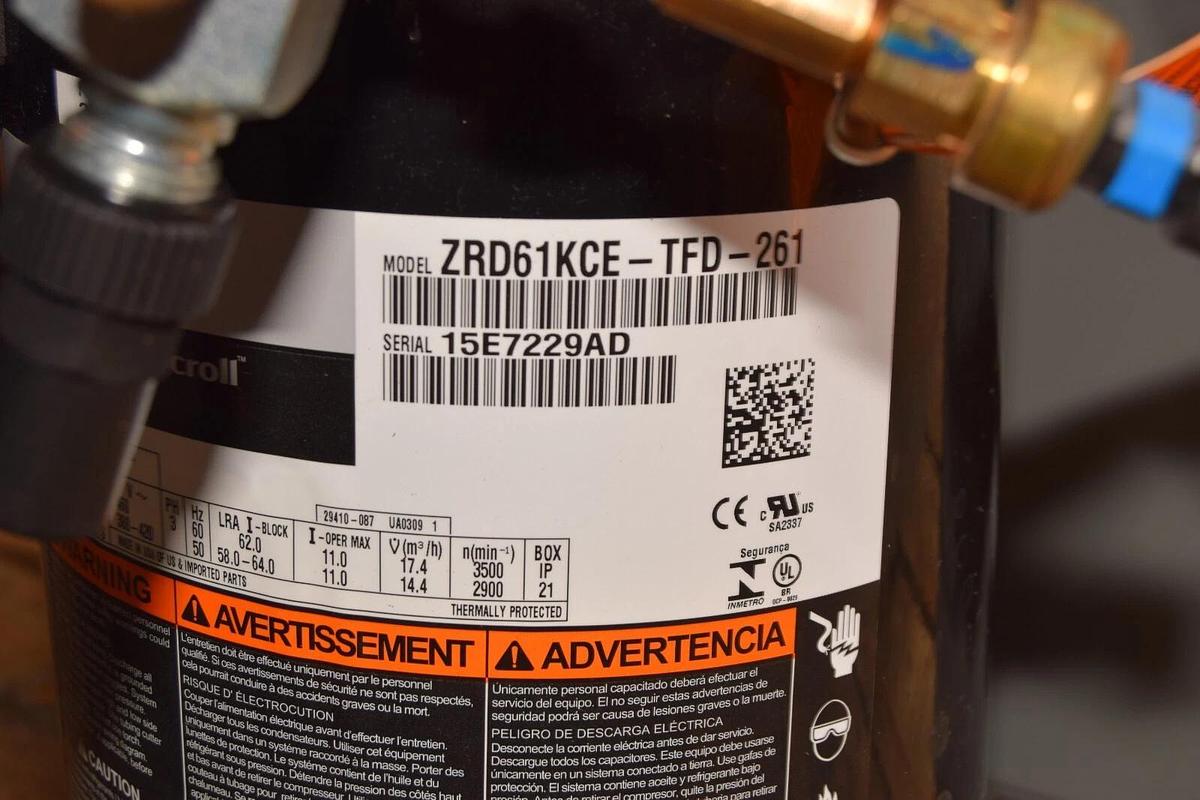 Used Copeland Emerson Scroll Compressor ZRD61KCE-TFD-261 3ph 380-420v 406v