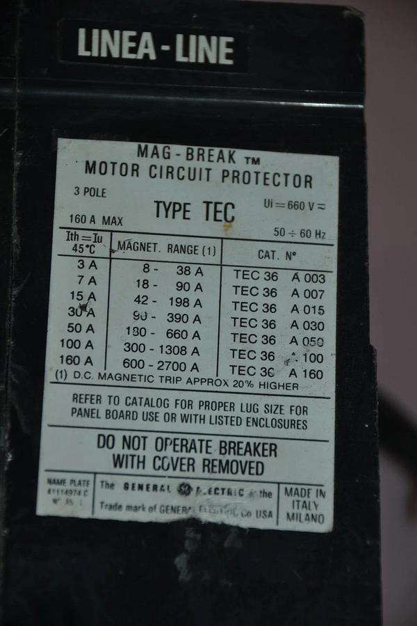 Used GENERAL ELECTRIC SWITCH MAG-BREAK MOTOR CIRCUIT PROTECTOR TEC 36 A 160 TEC36A160