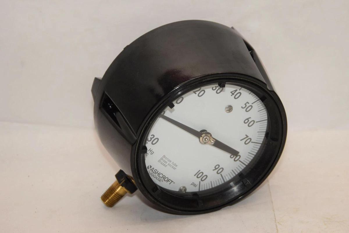 (NEW) ASHCROFT Q-586 30-100psi 5" Face Brass Socket Gauge